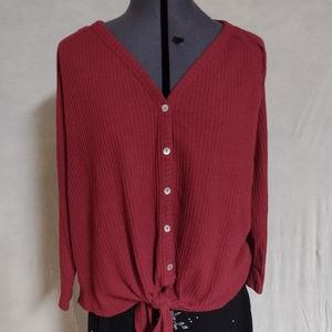 Kim and Cami waffle knit long sleeve with button and tie front sz lg